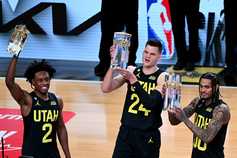 SALT LAKE CITY, UTAH - FEBRUARY 18: Collin Sexton #2, Walker Kessler #24, and Jordan Clarkson #00 of the Utah Jazz celebrate with the trophies after winning the 2023 NBA All Star KIA Skills Challenge at Vivint Arena on February 18, 2023 in Salt Lake City, Utah. (Photo by Alex Goodlett/Getty Images)