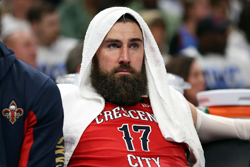 OKLAHOMA CITY, OKLAHOMA - APRIL 24:  Jonas Valanciunas #17 of the New Orleans Pelicans sits on the bench during game two of the first round of the NBA playoffs against the Oklahoma City Thunder at Paycom Center on April 24, 2024 in Oklahoma City, Oklahoma. (Photo by Jamie Squire/Getty Images)