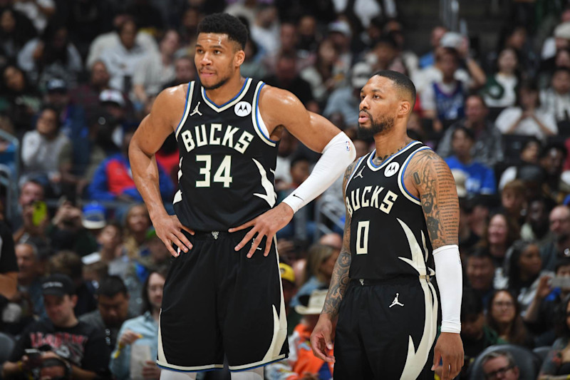 LOS ANGELES, CA - MARCH 10: Giannis Antetokounmpo #34 of the Milwaukee Bucks and Damian Lillard #0 of the Milwaukee Bucks look on during the game against the LA Clippers on March 10, 2024 at Crypto.Com Arena in Los Angeles, California. NOTE TO USER: User expressly acknowledges and agrees that, by downloading and/or using this Photograph, user is consenting to the terms and conditions of the Getty Images License Agreement. Mandatory Copyright Notice: Copyright 2024 NBAE (Photo by Andrew D. Bernstein/NBAE via Getty Images)