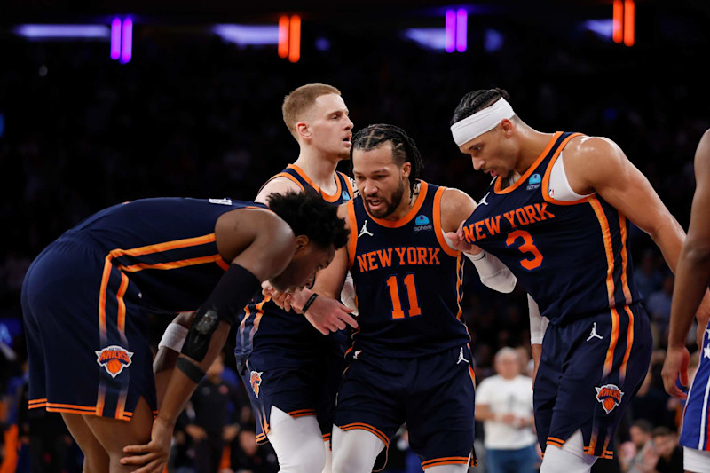 NEW YORK, NEW YORK - APRIL 22: OG Anunoby #8, Josh Hart #3, Jalen Brunson #11, and Donte DiVincenzo #0 of the New York Knicks talk during the second half against the Philadelphia 76ers in Game Two of the Eastern Conference First Round Playoffs at Madison Square Garden on April 22, 2024 in New York City. The Knicks won 104-101. NOTE TO USER: User expressly acknowledges and agrees that, by downloading and or using this photograph, User is consenting to the terms and conditions of the Getty Images License Agreement. (Photo by Sarah Stier/Getty Images)