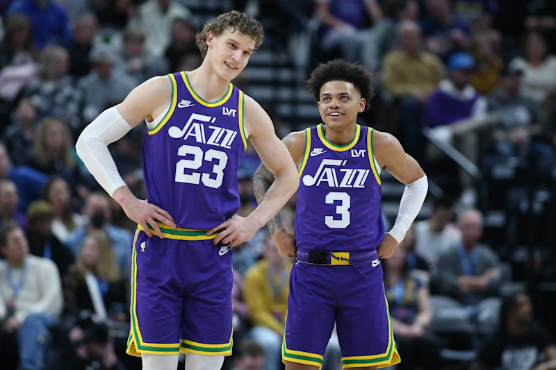 SALT LAKE CITY, UT - FEBRUARY 22:  Lauri Markkanen #23 and Keyonte George #3 of the Utah Jazz talk during the first half of their game against the Charlotte Hornets at the Delta Center on February 22, 2024 in Salt Lake City, Utah.  NOTE TO USER: User expressly acknowledges and agrees that, by downloading and or using this Photograph, User is concenting to the terms and conditions of the Getty Images license Agreement. (Photo by Chris Gardner/Getty Images)