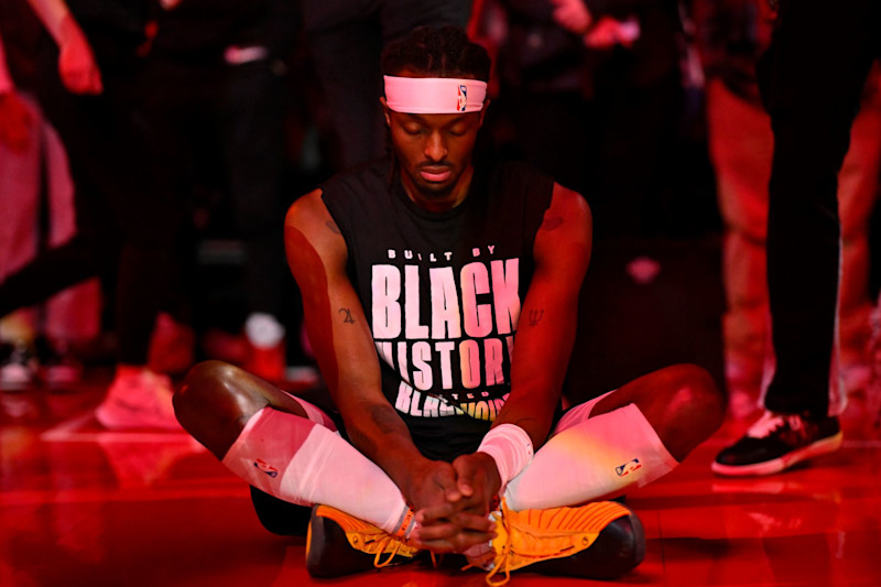 PORTLAND, OREGON - FEBRUARY 15: Jerami Grant #9 of the Portland Trail Blazers focuses before the game against the Minnesota Timberwolves at the Moda Center on February 15, 2024 in Portland, Oregon. The Minnesota Timberwolves won 128-91. NOTE TO USER: User expressly acknowledges and agrees that, by downloading and or using this photograph, User is consenting to the terms and conditions of the Getty Images License Agreement. (Photo by Alika Jenner/Getty Images)