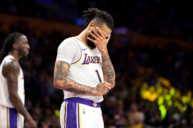 LOS ANGELES, CALIFORNIA - APRIL 27: Lakers D'Angelo Russell in Game 4 of the NBA playoffs at Crypto.com Arena. (Wally Skalij/Los Angeles Times via Getty Images)