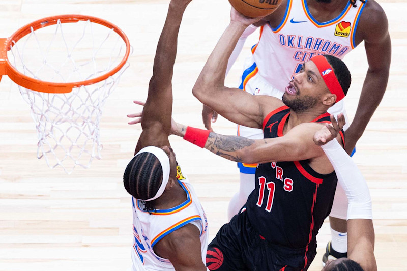 Bruce Brown Jr. C of Toronto Raptors makes a layup during the 2023-2024 NBA regular season game between Toronto Raptors and Oklahoma City Thunder in Toronto, Canada, March 22, 2024. (Photo by Zou Zheng/Xinhua via Getty Images)