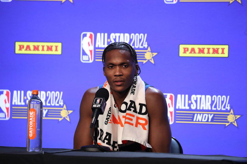 INDIANAPOLIS, IN - FEBRUARY 16: Bennedict Mathurin #00 of the Indiana Pacers being interviewed during the Rising Stars Game as part of NBA All-Star Weekend on Friday, February 16, 2024 at Gainbridge Fieldhouse in Indianapolis, Indiana. NOTE TO USER: User expressly acknowledges and agrees that, by downloading and/or using this Photograph, user is consenting to the terms and conditions of the Getty Images License Agreement. Mandatory Copyright Notice: Copyright 2024 NBAE (Photo by Gary Dineen/NBAE via Getty Images)