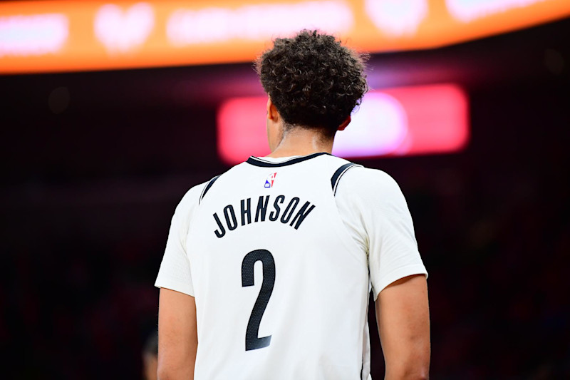 AUSTIN, TX - MARCH 17: Cameron Johnson #2 of the Brooklyn Nets looks on during the game against the San Antonio Spurs on March 17, 2024 at the Moody Center in Austin, Texas. NOTE TO USER: User expressly acknowledges and agrees that, by downloading and or using this photograph, user is consenting to the terms and conditions of the Getty Images License Agreement. Mandatory Copyright Notice: Copyright 2024 NBAE (Photos by Michael Gonzales/NBAE via Getty Images)