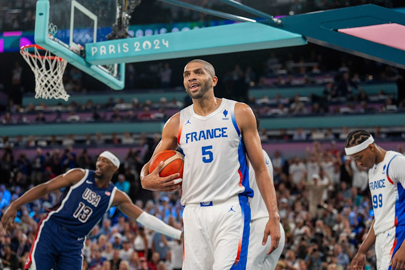 PARIS, FRANCE - AUGUST 10: Nicolas Batum (5) of France in action during Men's Gold Medal game between Team France and Team United States on day fifteen of the Olympic Games Paris 2024 at Bercy Arena on August 10, 2024 in Paris, France. (Photo by Aytac Unal/Anadolu via Getty Images)