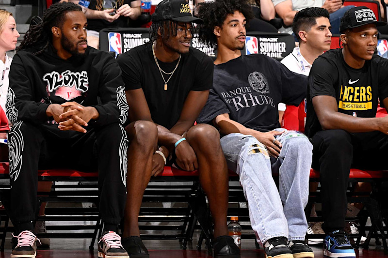 LAS VEGAS, NV - JULY 16: Indiana Pacers teammates Isaiah Jackson #22, Jarace Walker, Andrew Nembhard #2 and Bennedict Mathurin #00 attend the 2023 NBA Las Vegas Summer League on July 16, 2023 at the Cox Pavilion in Las Vegas, Nevada. NOTE TO USER: User expressly acknowledges and agrees that, by downloading and or using this photograph, User is consenting to the terms and conditions of the Getty Images License Agreement. Mandatory Copyright Notice: Copyright 2023 NBAE (Photo by David Dow/NBAE via Getty Images)