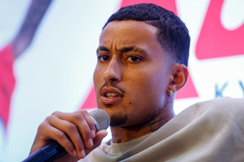 MANILA, PHILIPPINES - AUGUST 26: Kyle Kuzma speaks during a press conference on August 26, 2024 in Manila, Philippines. (Photo by Mark Fredesjed Cristino/Getty Images)