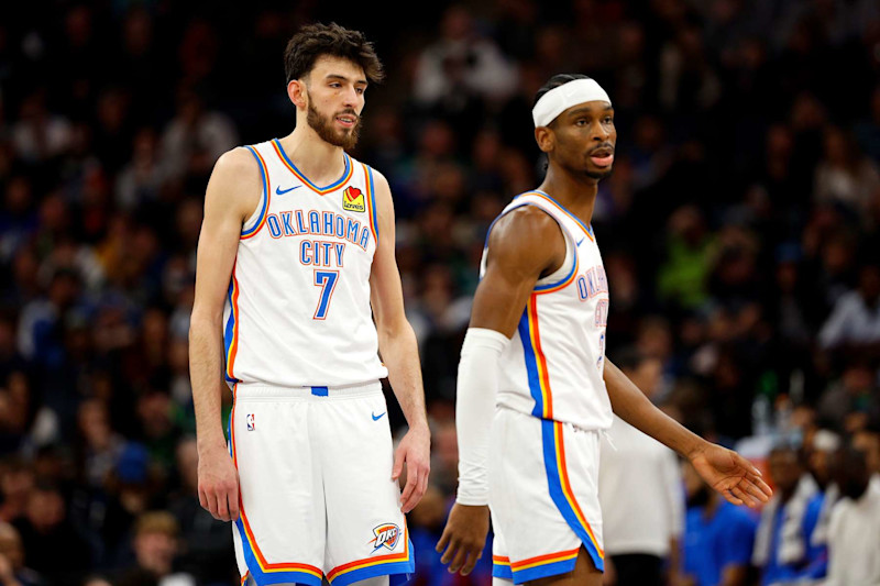 MINNEAPOLIS, MINNESOTA - JANUARY 20: Chet Holmgren #7 and Shai Gilgeous-Alexander #2 of the Oklahoma City Thunder look on against the Minnesota Timberwolves in the fourth quarter at Target Center on January 20, 2024 in Minneapolis, Minnesota. The Thunder defeated the Timberwolves 102-97. NOTE TO USER: User expressly acknowledges and agrees that, by downloading and or using this photograph, User is consenting to the terms and conditions of the Getty Images License Agreement. (Photo by David Berding/Getty Images)