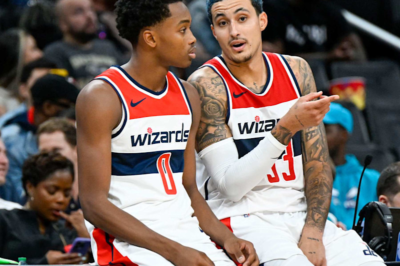 WASHINGTON, DC -OCTOBER 12: Washington Wizards forward Kyle Kuzma (33) talks with Bilal Coulibaly (0) during preseason action against the Charlotte Hornets  at Capital One Arena on October 12, 2023. (Photo by Jonathan Newton/The Washington Post via Getty Images)