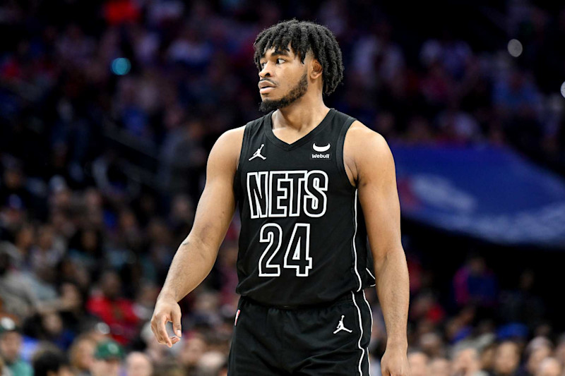 PHILADELPHIA, PENNSYLVANIA - APRIL 14: Cam Thomas #24 of the Brooklyn Nets walks down the court during the game against the Philadelphia 76ers at the Wells Fargo Center on April 14, 2024 in Philadelphia, Pennsylvania.  NOTE TO USER: User expressly acknowledges and agrees that, by downloading and or using this photograph, User is consenting to the terms and conditions of the Getty Images License Agreement. (Photo by G Fiume/Getty Images)