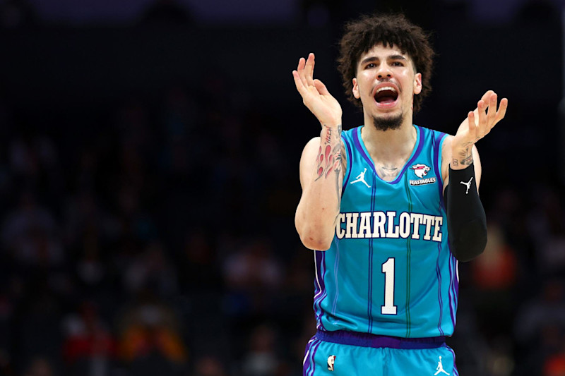 CHARLOTTE, NORTH CAROLINA - JANUARY 26: LaMelo Ball #1 of the Charlotte Hornets reacts during the second half of the game against the Houston Rockets at Spectrum Center on January 26, 2024 in Charlotte, North Carolina. NOTE TO USER: User expressly acknowledges and agrees that, by downloading and or using this photograph, User is consenting to the terms and conditions of the Getty Images License Agreement. (Photo by Jared C. Tilton/Getty Images)