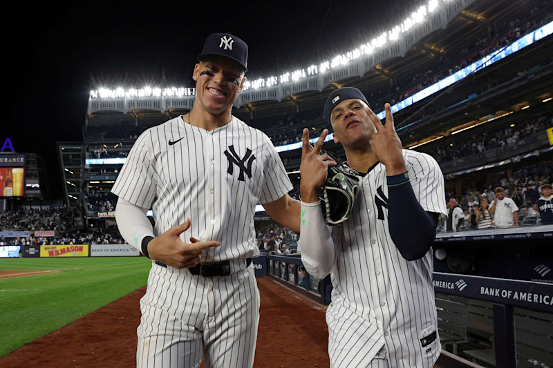 NEW YORK, NY - AUGUST 21: Aaron Judge #99 and Juan Soto #22 of the New York Yankees smile after the game against the Cleveland Guardians at Yankee Stadium on August 21, 2024, in New York, New York. (Photo by New York Yankees/Getty Images)