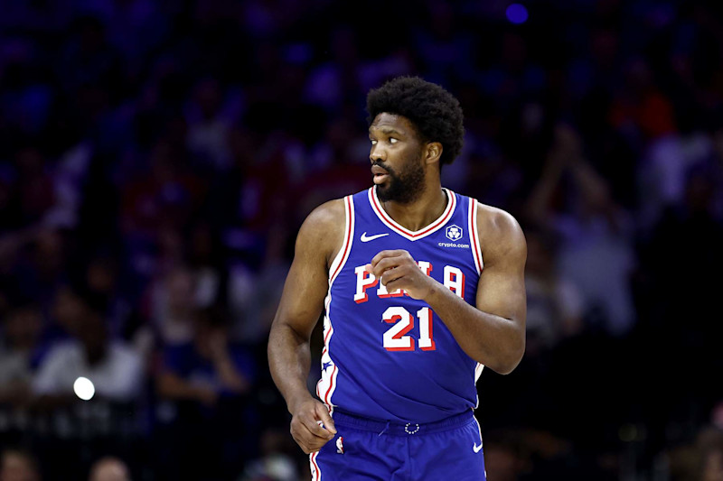 PHILADELPHIA, PENNSYLVANIA - MAY 02: Joel Embiid #21 of the Philadelphia 76ers looks on during the first quarter of game six of the Eastern Conference First Round Playoffs against the New York Knicks at the Wells Fargo Center on May 02, 2024 in Philadelphia, Pennsylvania. (Photo by Tim Nwachukwu/Getty Images)