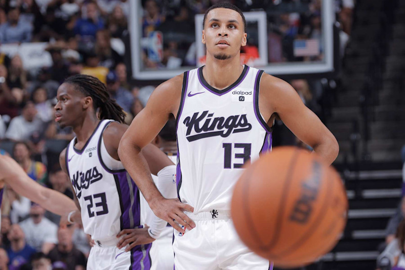 SACRAMENTO, CA - APRIL 16: Keegan Murray #13 of the Sacramento Kings looks on during the game against the Golden State Warriors during the 2024 Play-In Tournament on April 16, 2024 at Golden 1 Center in Sacramento, California. NOTE TO USER: User expressly acknowledges and agrees that, by downloading and or using this Photograph, user is consenting to the terms and conditions of the Getty Images License Agreement. Mandatory Copyright Notice: Copyright 2024 NBAE (Photo by Rocky Widner/NBAE via Getty Images)