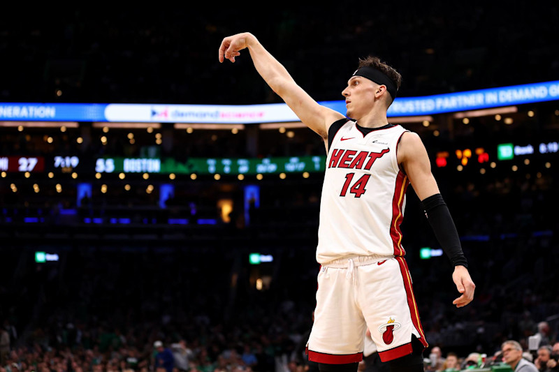 BOSTON, MASSACHUSETTS - MAY 01: Tyler Herro #14 of the Miami Heat watches his shot against the Boston Celtics during the second quarter of game five of the Eastern Conference First Round Playoffs at TD Garden on May 01, 2024 in Boston, Massachusetts. NOTE TO USER: User expressly acknowledges and agrees that, by downloading and/or using this Photograph, user is consenting to the terms and conditions of the Getty Images License Agreement.  (Photo by Maddie Meyer/Getty Images)