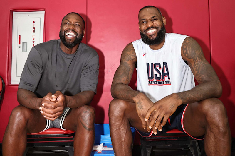 LAS VEGAS, NV - JULY 9: Dwyane Wade and LeBron James #6 of the USAB Men's team smile during the USAB Men's Training Camp on July 9, 2024 at UNLV in Las Vegas, Nevada. NOTE TO USER: User expressly acknowledges and agrees that, by downloading and or using this photograph, User is consenting to the terms and conditions of the Getty Images License Agreement. Mandatory Copyright Notice: Copyright 2024 NBAE (Photo by Jim Poorten/NBAE via Getty Images)