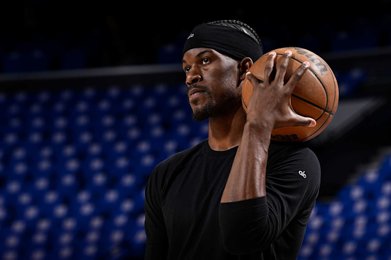 PHILADELPHIA, PA - APRIL 17:  Jimmy Butler #22 of the Miami Heat warms up before the game against the Philadelphia 76ers during the 2024 NBA Play-In Tournament on April 17, 2024 at the Wells Fargo Center in Philadelphia, Pennsylvania NOTE TO USER: User expressly acknowledges and agrees that, by downloading and/or using this Photograph, user is consenting to the terms and conditions of the Getty Images License Agreement. Mandatory Copyright Notice: Copyright 2024 NBAE (Photo by David Dow/NBAE via Getty Images)