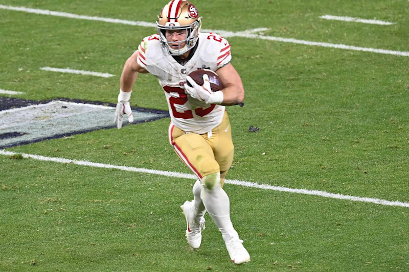 LAS VEGAS, NEVADA - FEBRUARY 11: Christian McCaffrey #23 of the San Francisco 49ers carries the ball against the Kansas City Chiefs in the second half during Super Bowl LVIII at Allegiant Stadium on February 11, 2024 in Las Vegas, Nevada. (Photo by Focus on Sport/Getty Images)