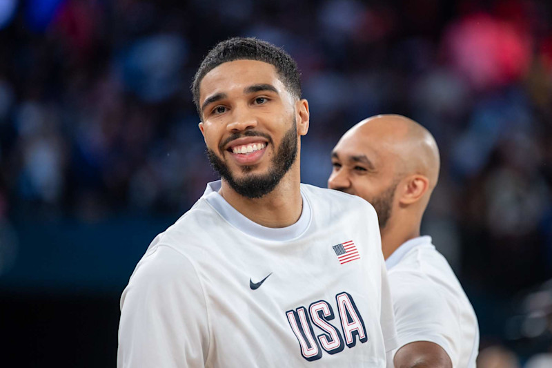 PARIS, FRANCE - AUGUST 10: Jayson Tatum #10 of United States looks on during the Men's Gold Medal game between Team France and Team United States on day fifteen of the Olympic Games Paris 2024 at Stade Bercy Arena on August 10, 2024 in Paris, France. (Photo by RvS.Media/Monika Majer/Getty Images)