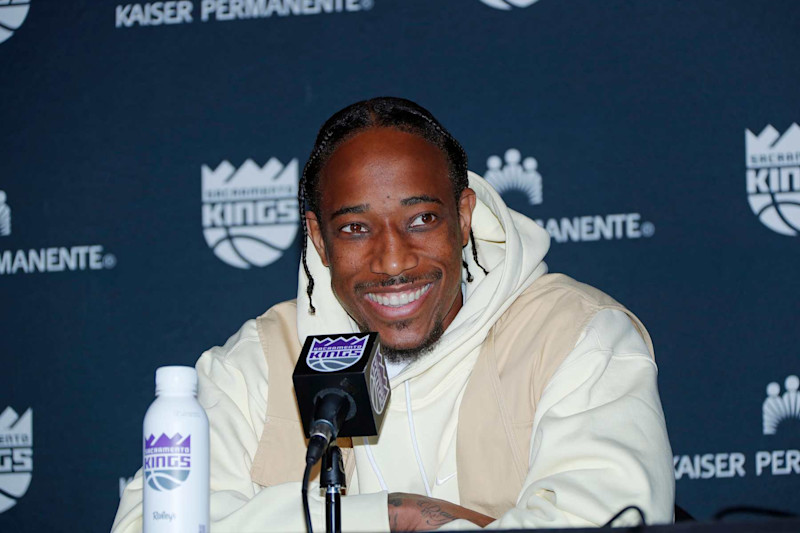 SACRAMENTO, CA - JULY 9: DeMar DeRozan #10 of the Sacramento Kings addresses the media on July 9, 2024 at the Golden 1 Center in Sacramento, California. NOTE TO USER: User expressly acknowledges and agrees that, by downloading and/or using this Photograph, user is consenting to the terms and conditions of the Getty Images License Agreement. Mandatory Copyright Notice: Copyright 2024 NBAE (Photo by Rocky Widner/NBAE via Getty Images)