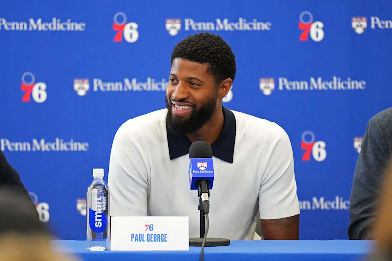 PHILADELPHIA, PA - JULY 23: Paul George #8 of the Philadelphia 76ers talks to the media during his Philadelphia 76ers introductory press conference on July 23, 2024 at the Wells Fargo Center in Philadelphia, Pennsylvania NOTE TO USER: User expressly acknowledges and agrees that, by downloading and/or using this Photograph, user is consenting to the terms and conditions of the Getty Images License Agreement. Mandatory Copyright Notice: Copyright 2024 NBAE (Photo by Jesse D. Garrabrant/NBAE via Getty Images)