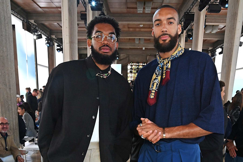 PARIS, FRANCE - JUNE 21: Karl-Anthony Towns and Rudy Gobert attend the Hermes SS25 Men's Show as part of Paris Fashion Week at Palais d'Iena on June 22, 2024 in Paris, France. (Photo by Dave Benett/Getty Images for Hermes)