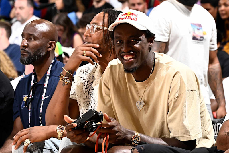 LAS VEGAS, NV - JULY 12: Pascal Siakam #43 of the Indiana Pacers sits court side during the game against the Brooklyn Nets on July 12, 2024 at The Pavilion in Las Vegas, Nevada. NOTE TO USER: User expressly acknowledges and agrees that, by downloading and or using this photograph, User is consenting to the terms and conditions of the Getty Images License Agreement. Mandatory Copyright Notice: Copyright 2024 NBAE (Photo by David Dow/NBAE via Getty Images)