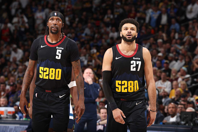 DENVER, CO - MAY 14: Jamal Murray #27 of the Denver Nuggets and Kentavious Caldwell-Pope #5 of the Denver Nuggets looks on during the game against the Minnesota Timberwolves during Round 2 Game 5 of the 2024 NBA Playoffs  on May 14, 2024 at the Ball Arena in Denver, Colorado. NOTE TO USER: User expressly acknowledges and agrees that, by downloading and/or using this Photograph, user is consenting to the terms and conditions of the Getty Images License Agreement. Mandatory Copyright Notice: Copyright 2024 NBAE (Photo by David Sherman/NBAE via Getty Images)