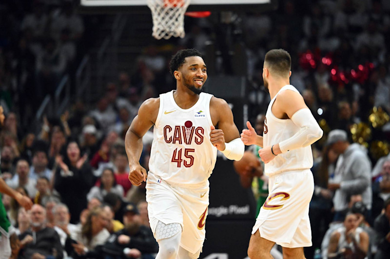 CLEVELAND, OHIO - MAY 11: Donovan Mitchell #45 of the Cleveland Cavaliers smiles during the second quarter of game three of the Eastern Conference Second Round Playoffs against the Boston Celtics at Rocket Mortgage Fieldhouse on May 11, 2024 in Cleveland, Ohio. The Celtics defeated the Cavaliers 106-93. NOTE TO USER: User expressly acknowledges and agrees that, by downloading and or using this photograph, User is consenting to the terms and conditions of the Getty Images License Agreement. (Photo by Jason Miller/Getty Images)