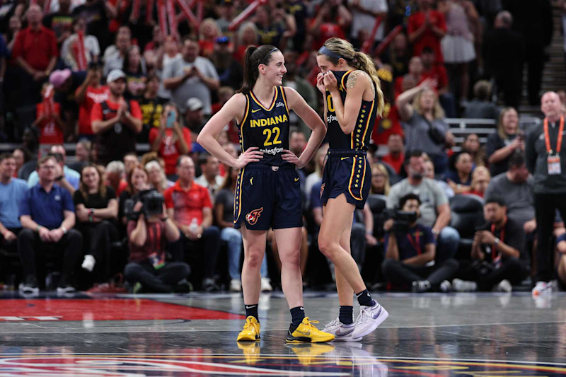 INDIANAPOLIS, IN - SEPTEMBER 15: Caitlin Clark #22 and Lexie Hull #10 of the Indiana Fever smile during the game against the Dallas Wings on September 15, 2024 at Gainbridge Fieldhouse in Indianapolis, Indiana. NOTE TO USER: User expressly acknowledges and agrees that, by downloading and or using this Photograph, user is consenting to the terms and conditions of the Getty Images License Agreement. Mandatory Copyright Notice: Copyright 2024 NBAE (Photo by Michael Hickey/NBAE via Getty Images)