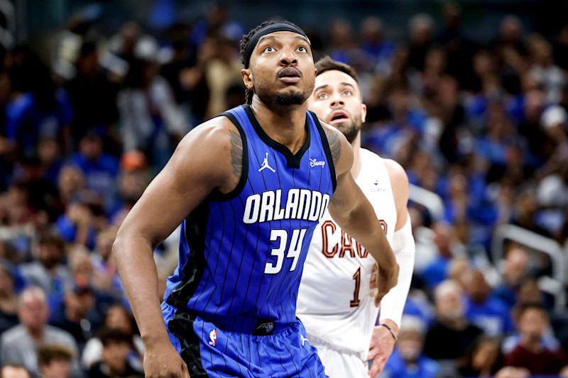 ORLANDO, FL - APRIL 27: Wendell Carter, Jr. of the Orlando Magic blocks out Max Strug #1 of the Cleveland Cavaliers after a free throw during Game Four of the First Round of the 2024 NBA Eastern Conference Playoffs at the Kia Center on April 27, 2024 in Orlando, Florida. The Magic defeated the Cavaliers 112-89 to tie the series up 2-2. NOTE TO USER: User expressly acknowledges and agrees that, by downloading and or using this photograph, User is consenting to the terms and conditions of the Getty Images License Agreement. (Photo by Don Juan Moore/Getty Images)