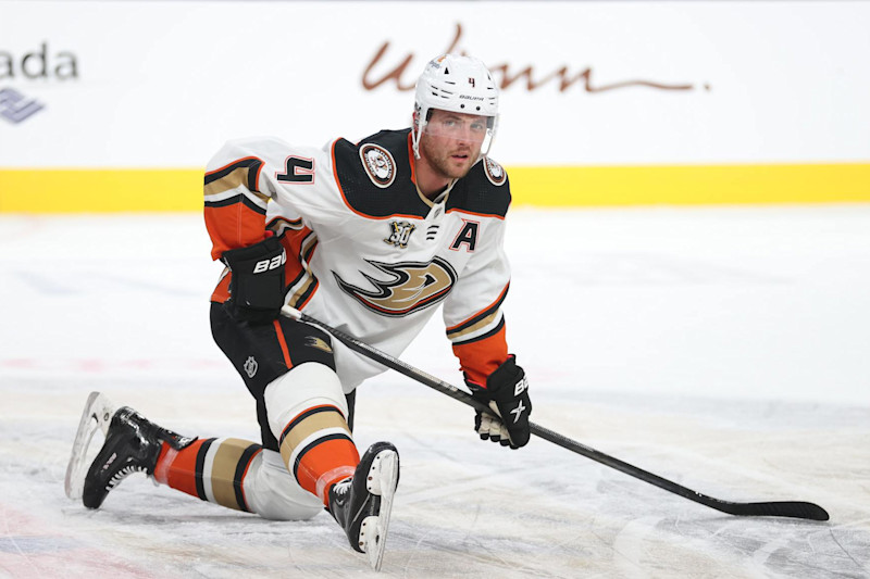 LAS VEGAS, NEVADA - APRIL 18: Cam Fowler #4 of the Anaheim Ducks warms up prior to a game against the Vegas Golden Knights at T-Mobile Arena on April 18, 2024 in Las Vegas, Nevada. (Photo by Zak Krill/NHLI via Getty Images)