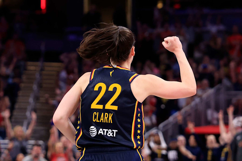 INDIANAPOLIS, INDIANA - SEPTEMBER 15: Caitlin Clark #22 of the Indiana Fever reacts during the second half against the Dallas Wings at Gainbridge Fieldhouse on September 15, 2024 in Indianapolis, Indiana. NOTE TO USER: User expressly acknowledges and agrees that, by downloading and or using this photograph, User is consenting to the terms and conditions of the Getty Images License Agreement. (Photo by Justin Casterline/Getty Images)