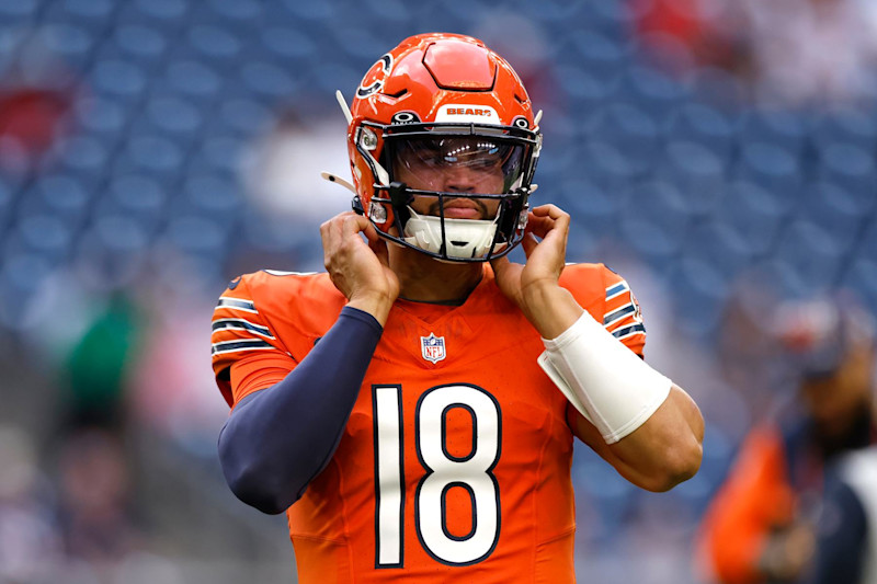 HOUSTON, TEXAS - SEPTEMBER 15: Caleb Williams #18 of the Chicago Bears looks on prior to a game against the Houston Texans at NRG Stadium on September 15, 2024 in Houston, Texas. (Photo by Tim Warner/Getty Images)