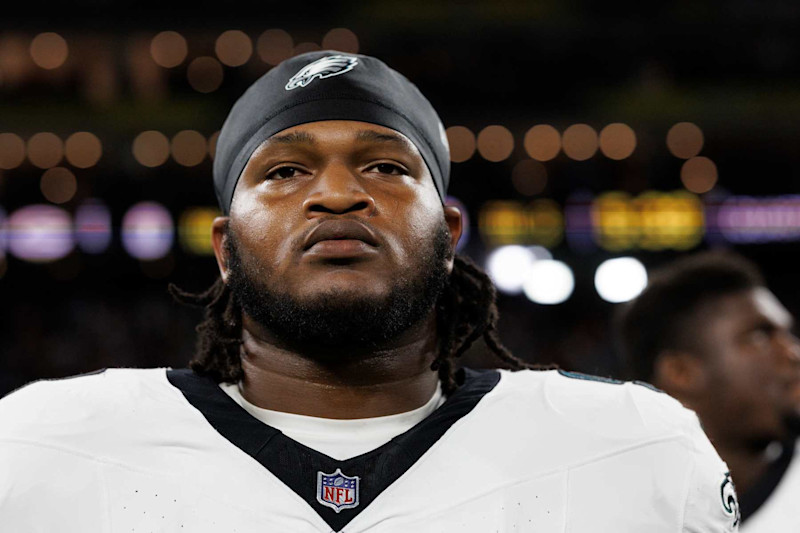 SÃO PAULO, BRAZIL - SEPTEMBER 6: Defensive tackle Jalen Carter #98 of the Philadelphia Eagles stands on the sidelines during the national anthem prior to an NFL football game against the Green Bay Packers, at Arena Corinthians on September 6, 2024 in Sao Paulo, Brazil. (Photo by Brooke Sutton/Getty Images)