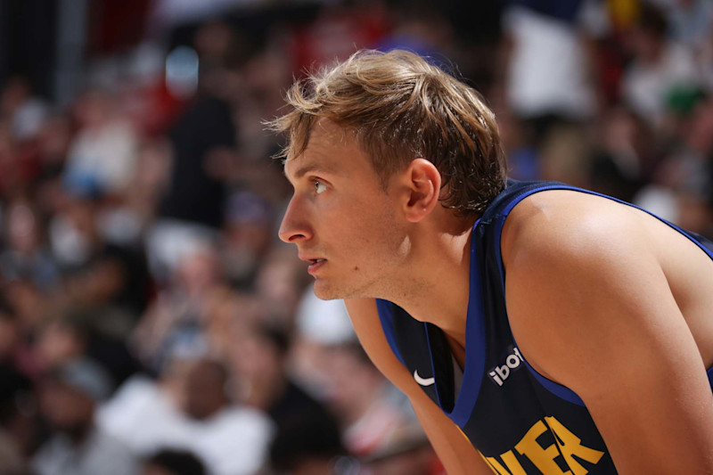 LAS VEGAS, NV - JULY 14:  Hunter Tyson #4 of the Denver Nuggets looks on during the game on July 14, 2024 at the Pavilion in Las Vegas, Nevada. NOTE TO USER: User expressly acknowledges and agrees that, by downloading and or using this photograph, User is consenting to the terms and conditions of the Getty Images License Agreement. Mandatory Copyright Notice: Copyright 2024 NBAE (Photo by Stephen Gosling/NBAE via Getty Images)