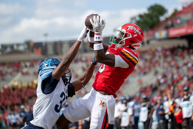 COLLEGE PARK, MD - SEPTEMBER 21: Maryland Terrapins wide receiver Tai Felton (10) catches a pass in the corner of the endzone for a touchdown during the Villanova Wildcats versus the Maryland Terrapins game on September 21, 2024, at SECU Stadium in College Park, MD. (Photo by Charles Brock/Icon Sportswire via Getty Images)