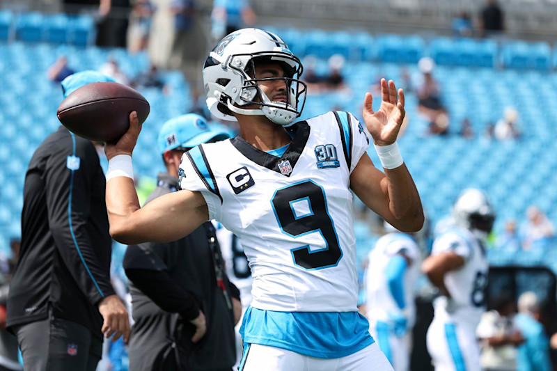 CHARLOTTE, NORTH CAROLINA - SEPTEMBER 15: Bryce Young #9 of the Carolina Panthers throws the ball prior to a game against the Los Angeles Chargers at Bank of America Stadium on September 15, 2024 in Charlotte, North Carolina. The Chargers defeated the Panthers 26-3. (Kara Durrette/Getty Images)