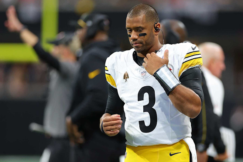 ATLANTA, GEORGIA - SEPTEMBER 08:  Russell Wilson #3 of the Pittsburgh Steelers looks on from the sideline against the Atlanta Falcons during the first quarter at Mercedes-Benz Stadium on September 08, 2024 in Atlanta, Georgia. (Photo by Kevin C. Cox/Getty Images)