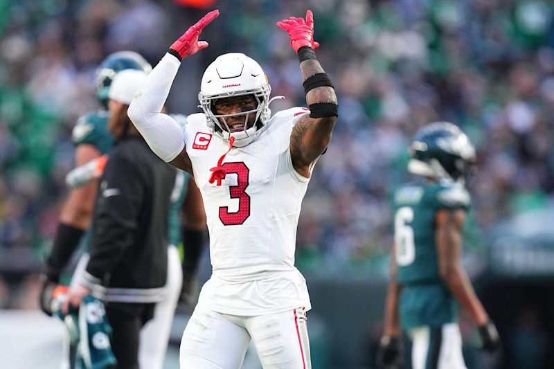 PHILADELPHIA, PENNSYLVANIA - DECEMBER 31: Budda Baker #3 of the Arizona Cardinals reacts during the fourth quarter against the Philadelphia Eagles at Lincoln Financial Field on December 31, 2023 in Philadelphia, Pennsylvania. (Photo by Mitchell Leff/Getty Images)