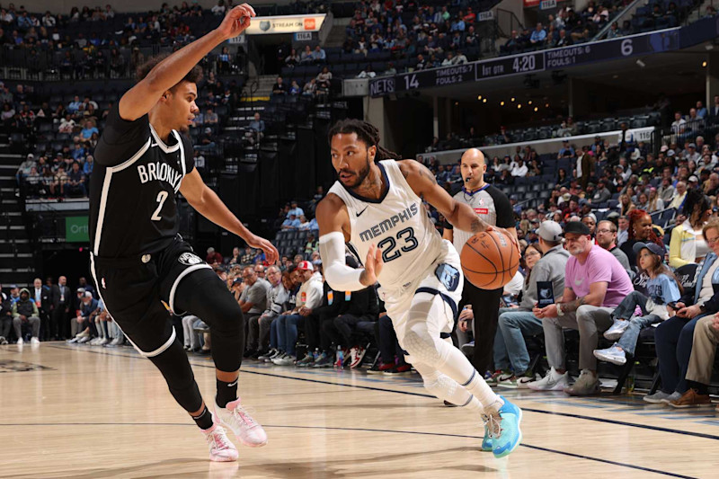 MEMPHIS, TN - February 26:  Derrick Rose #23 of the Memphis Grizzlies drives to the basket during the game again the Brooklyn Nets on February 26, 2024 at FedExForum in Memphis, Tennessee. NOTE TO USER: User expressly acknowledges and agrees that, by downloading and or using this photograph, User is consenting to the terms and conditions of the Getty Images License Agreement. Mandatory Copyright Notice: Copyright 2024 NBAE (Photo by Joe Murphy/NBAE via Getty Images)