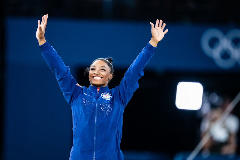 PARIS, FRANCE - AUGUST 5: Silver medalist Simone Biles of Team United States celebrates after the Artistic Gymnastics Women's Floor Exercise Final on day ten of the Olympic Games Paris 2024 at the Bercy Arena on August 5, 2024 in Paris, France. (Photo by Tom Weller/VOIGT/GettyImages)