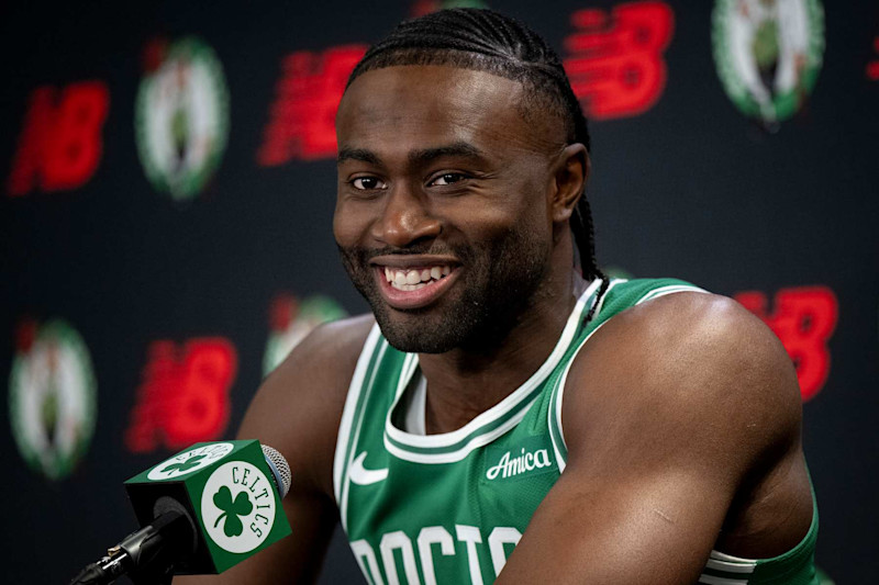 BOSTON, MASSACHUSETTS - SEPTEMBER 24: Jaylen Brown #7 of the Boston Celtics speaks to the media during Boston Celtics Media Day at The Auerbach Center on September 24, 2024 in Boston, Massachusetts. NOTE TO USER: User expressly acknowledges and agrees that, by downloading and or using this photograph, User is consenting to the terms and conditions of the Getty Images License Agreement. (Photo by Maddie Malhotra/Getty Images)