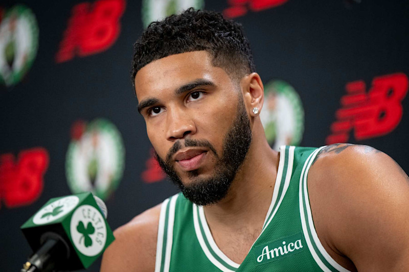 BOSTON, MASSACHUSETTS - SEPTEMBER 24: Jayson Tatum #0 of the Boston Celtics speaks to the media during Boston Celtics Media Day at The Auerbach Center on September 24, 2024 in Boston, Massachusetts. NOTE TO USER: User expressly acknowledges and agrees that, by downloading and or using this photograph, User is consenting to the terms and conditions of the Getty Images License Agreement. (Photo by Maddie Malhotra/Getty Images)