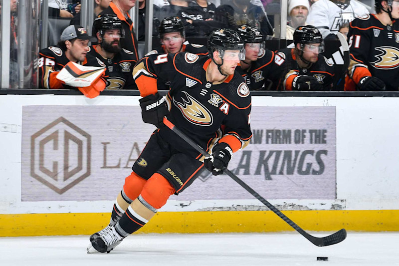 LOS ANGELES, CA - APRIL 13: Cam Fowler #4 of the Anaheim Ducks skates with the puck during the third period against the Los Angeles Kings at Crypto.com Arena on April 13, 2024 in Los Angeles, California. (Photo by Juan Ocampo/NHLI via Getty Images)