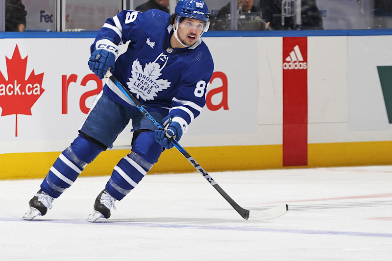 TORONTO, CANADA - APRIL 1:  Nicholas Robertson #89 of the Toronto Maple Leafs skates with the puck against the Florida Panthers during the second period in an NHL game at Scotiabank Arena on April 1, 2024 in Toronto, Ontario, Canada. (Photo by Claus Andersen/Getty Images)