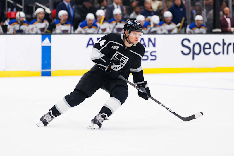 LOS ANGELES, CA - NOVEMBER 18: Los Angeles Kings right wing Arthur Kaliyev (34) skates during an NHL hockey game against the St. Louis Blues on November 18, 2023 at Crypto.com Arena in Los Angeles, CA. (Photo by Ric Tapia/Icon Sportswire via Getty Images)