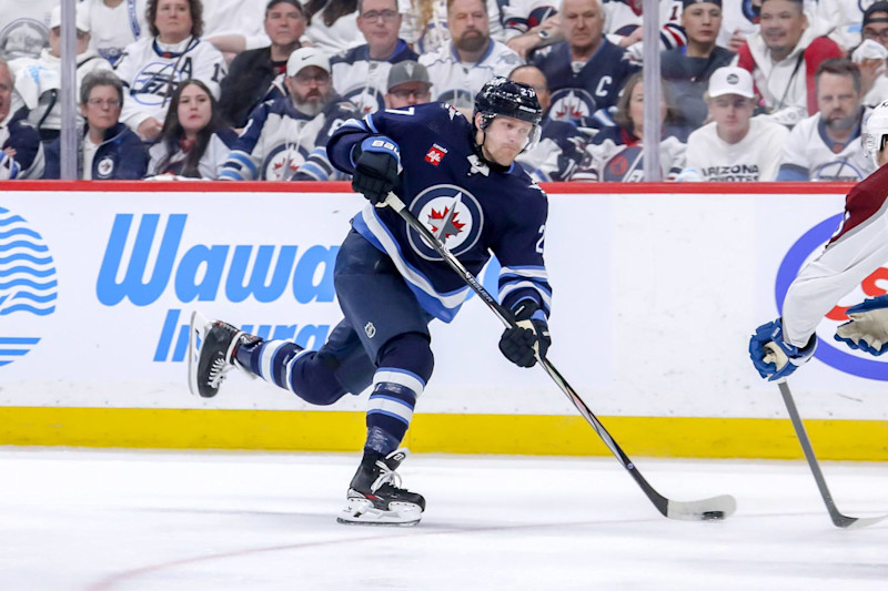 WINNIPEG, CANADA - APRIL 30: Nikolaj Ehlers #27 of the Winnipeg Jets gets set to take a shot on goal during third period action against the Colorado Avalanche in Game Five of the First Round of the 2024 Stanley Cup Playoffs at the Canada Life Centre on April 30, 2024 in Winnipeg, Manitoba, Canada. The Avs defeated the Jets 6-3 and win the series 4-1. (Photo by Darcy Finley/NHLI via Getty Images)